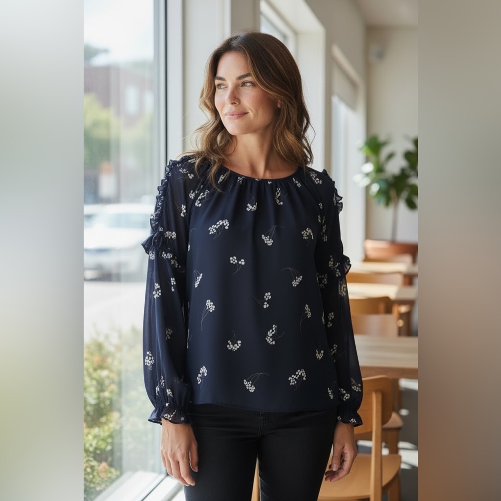 Melrose & Market Smocked Popover Black Sheer Blouse with Silver Mini Flowers